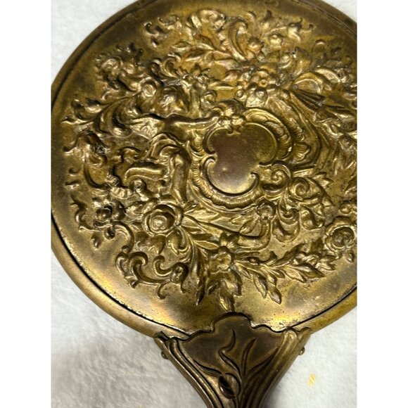 Antique Ornate Brass Hand Mirror With Cherub & Floral Design & Detailed Handle - Picture 2 of 13